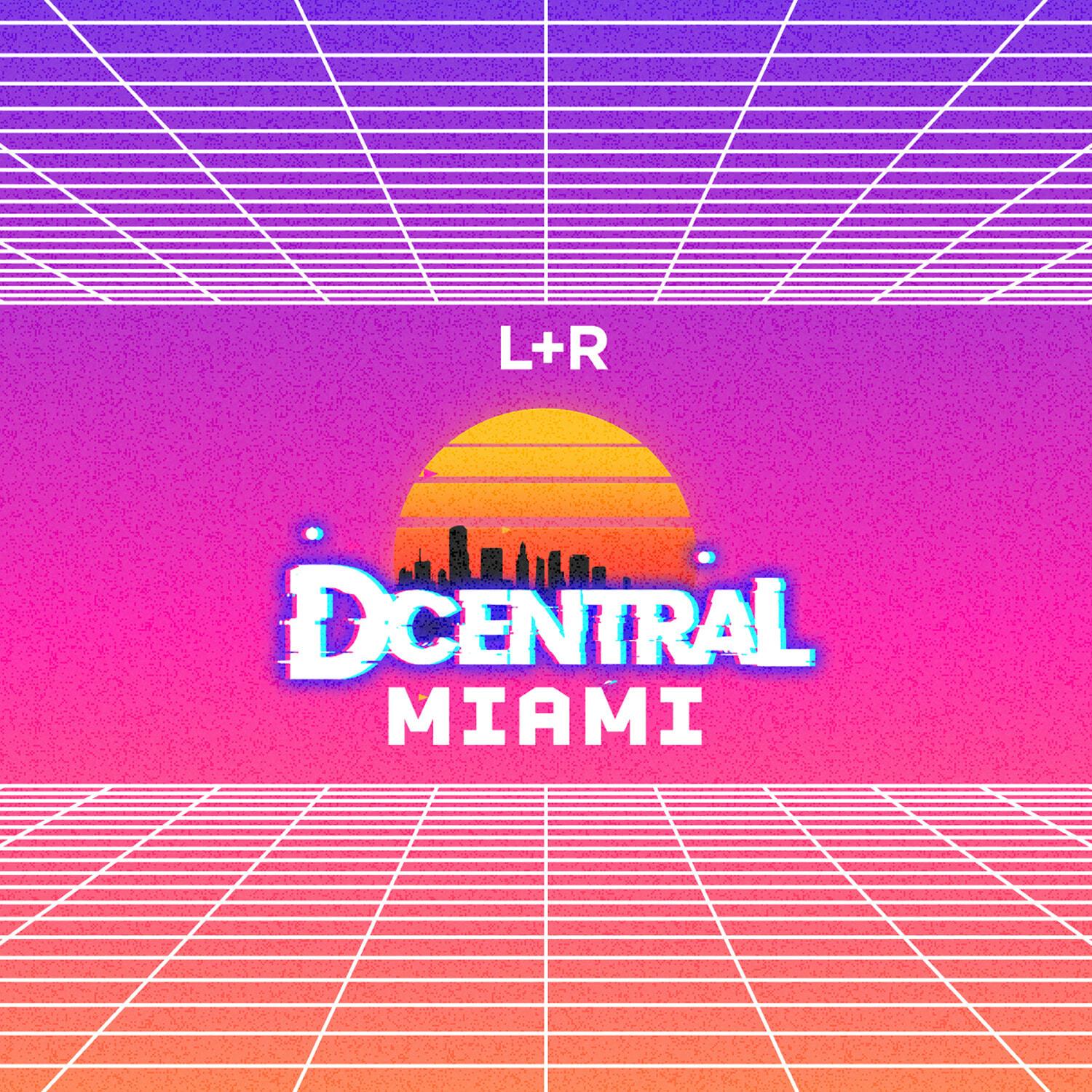 L+R Decentral Miami logo on retro pink grid background