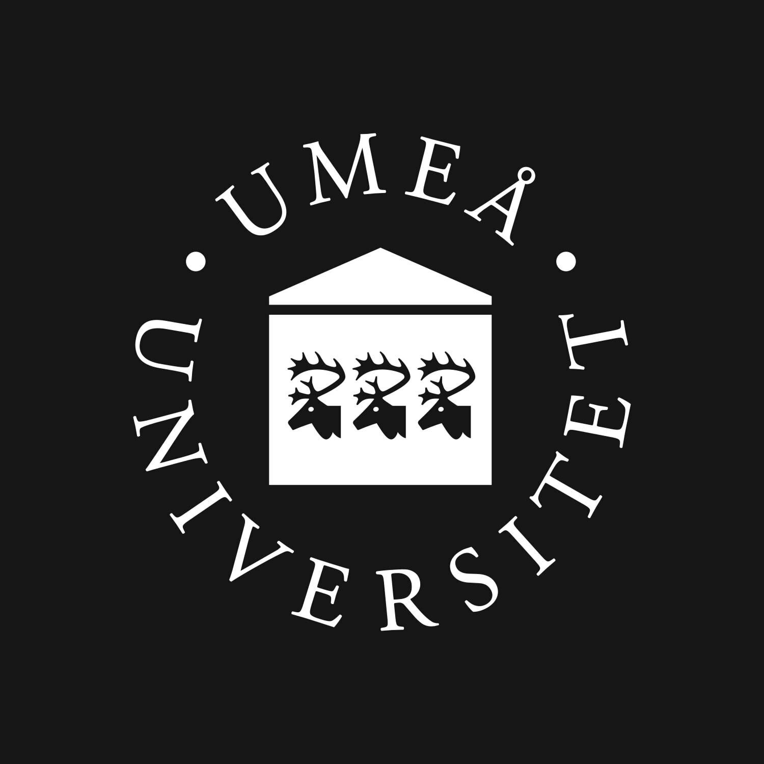 Ume Universitet white logo on a black background