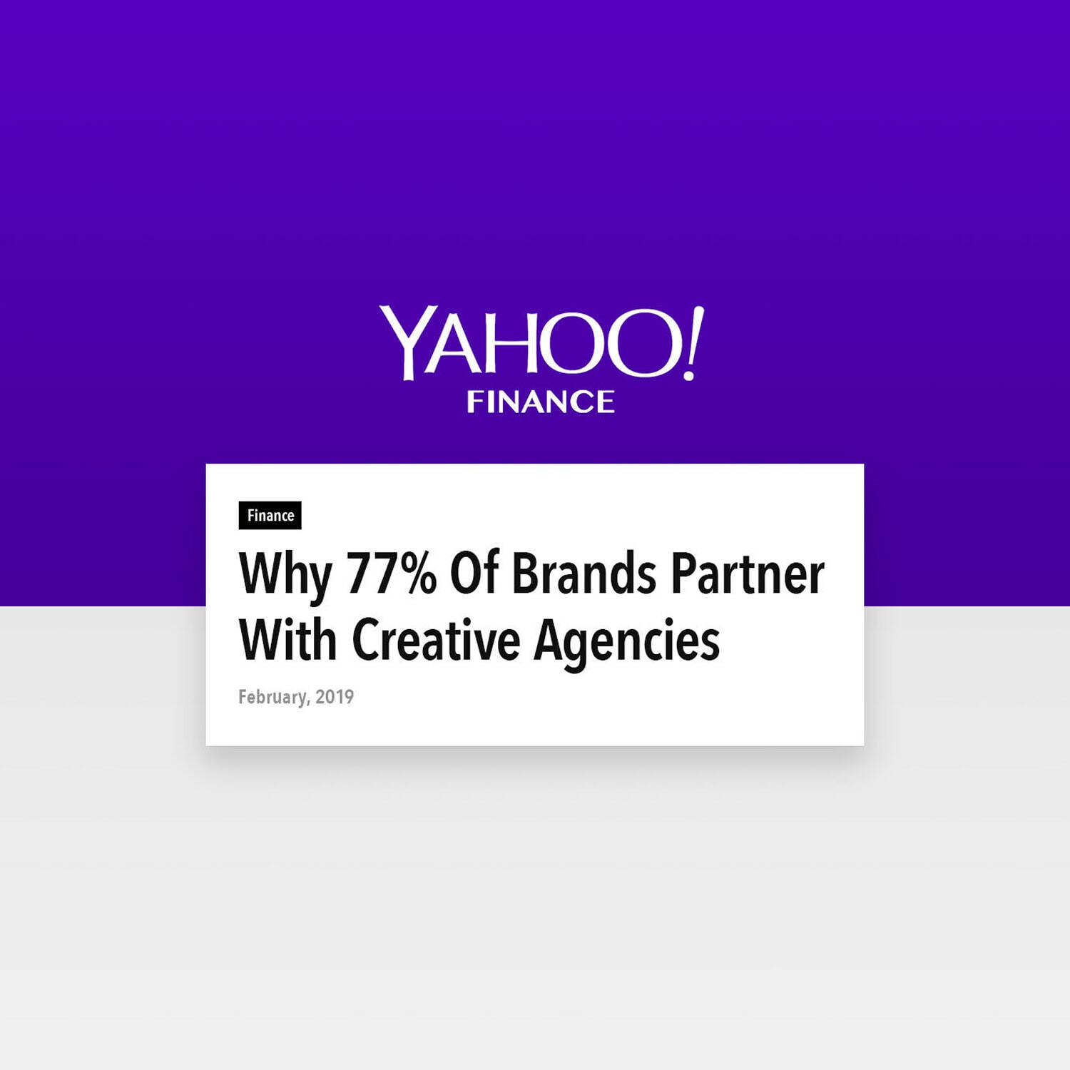 Yahoo Finance article card titled "Why 77% Of Brands Partner With Creative Agencies"