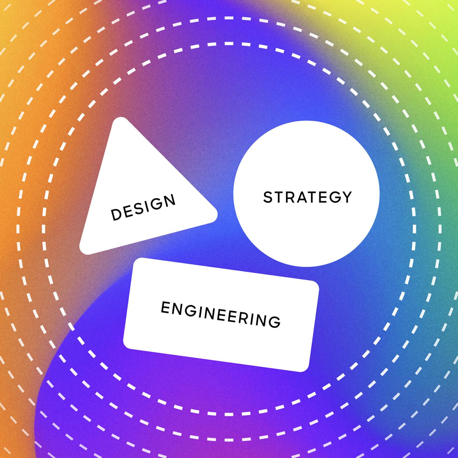 Abstract design graphic with labeled shapes: Design, Strategy, and Engineering