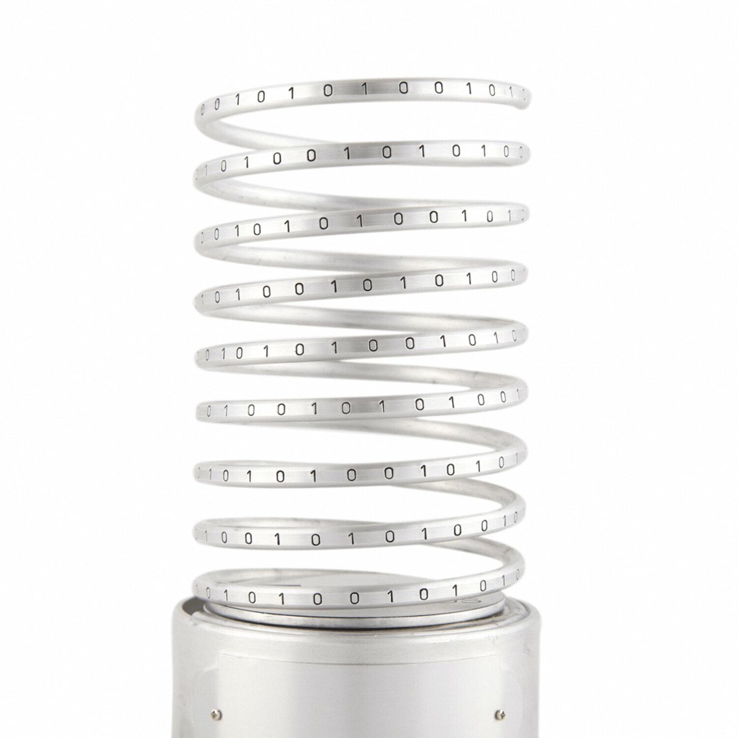 White spiral coil with binary digits on a white background