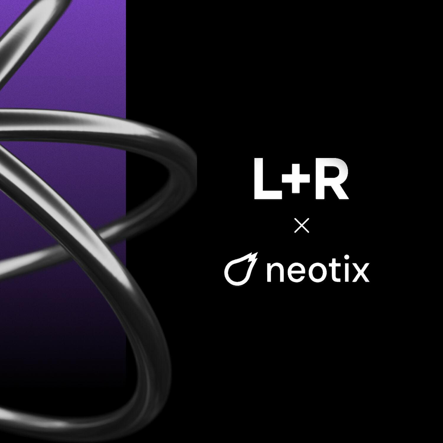 L+R x neotix logo on black and purple abstract background