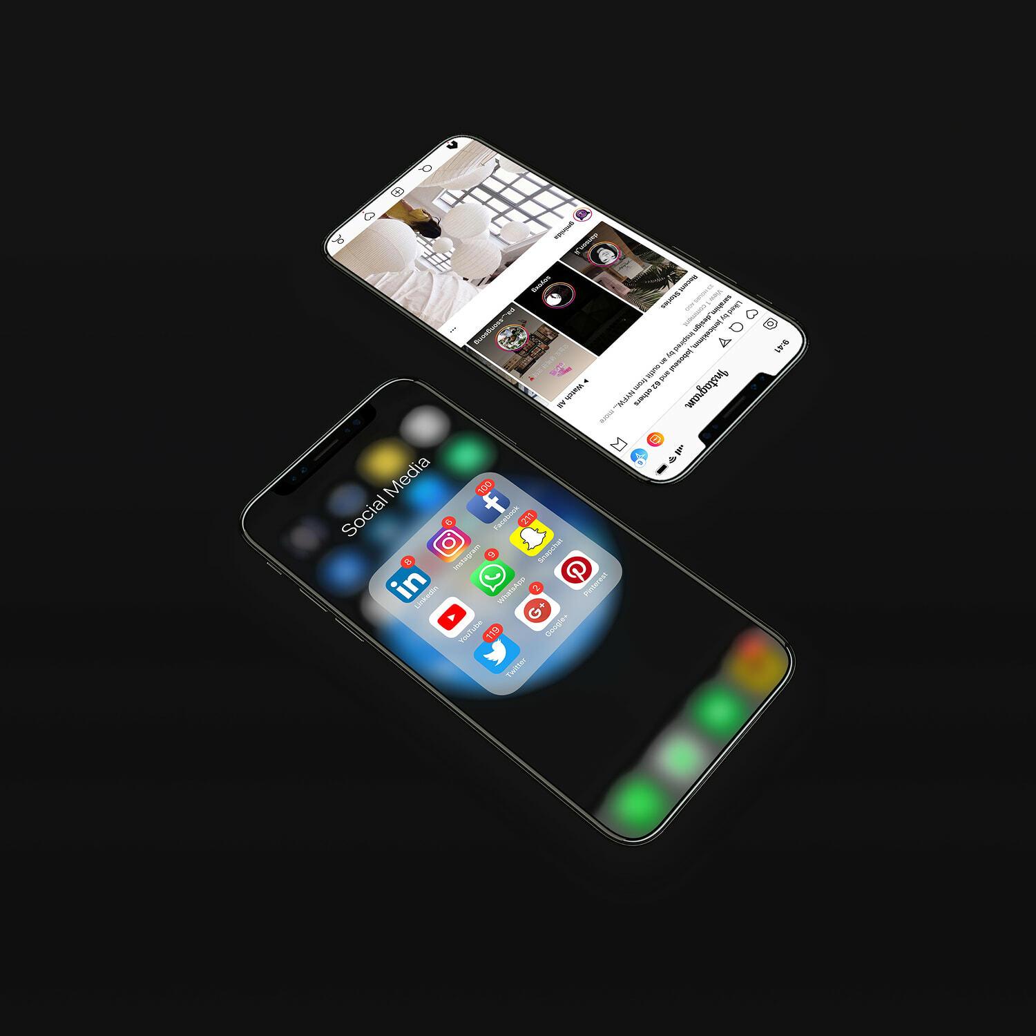 Two smartphones showing social media apps and an Instagram feed on a dark background