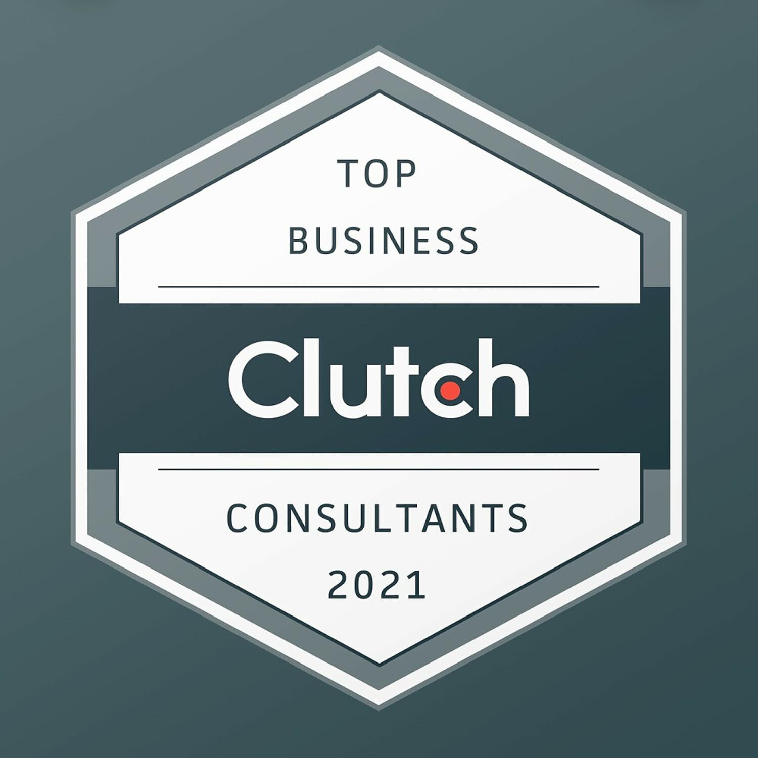 Clutch Top Business Consultants 2021 badge on a teal background