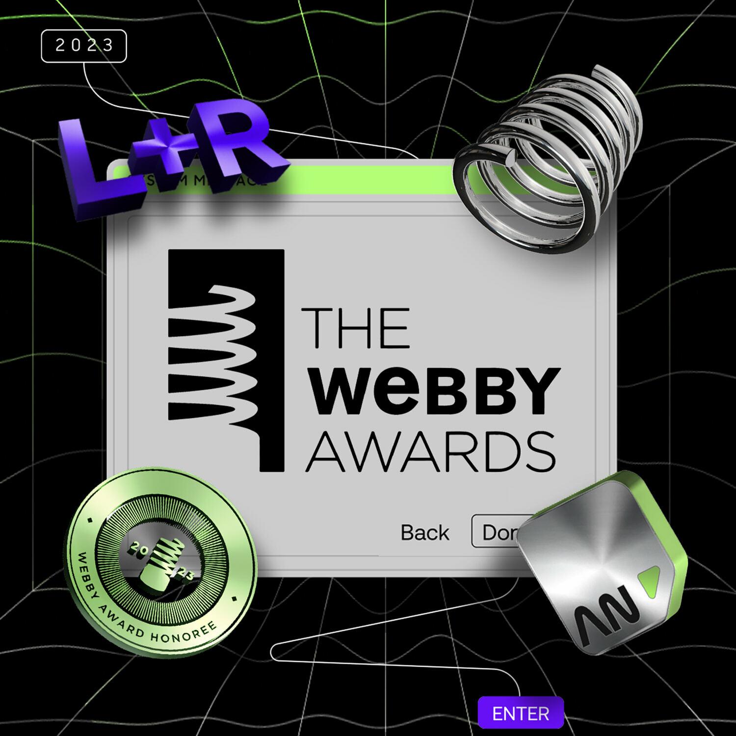 The Webby Awards 2023 honoree graphic with L+R branding and 3D elements