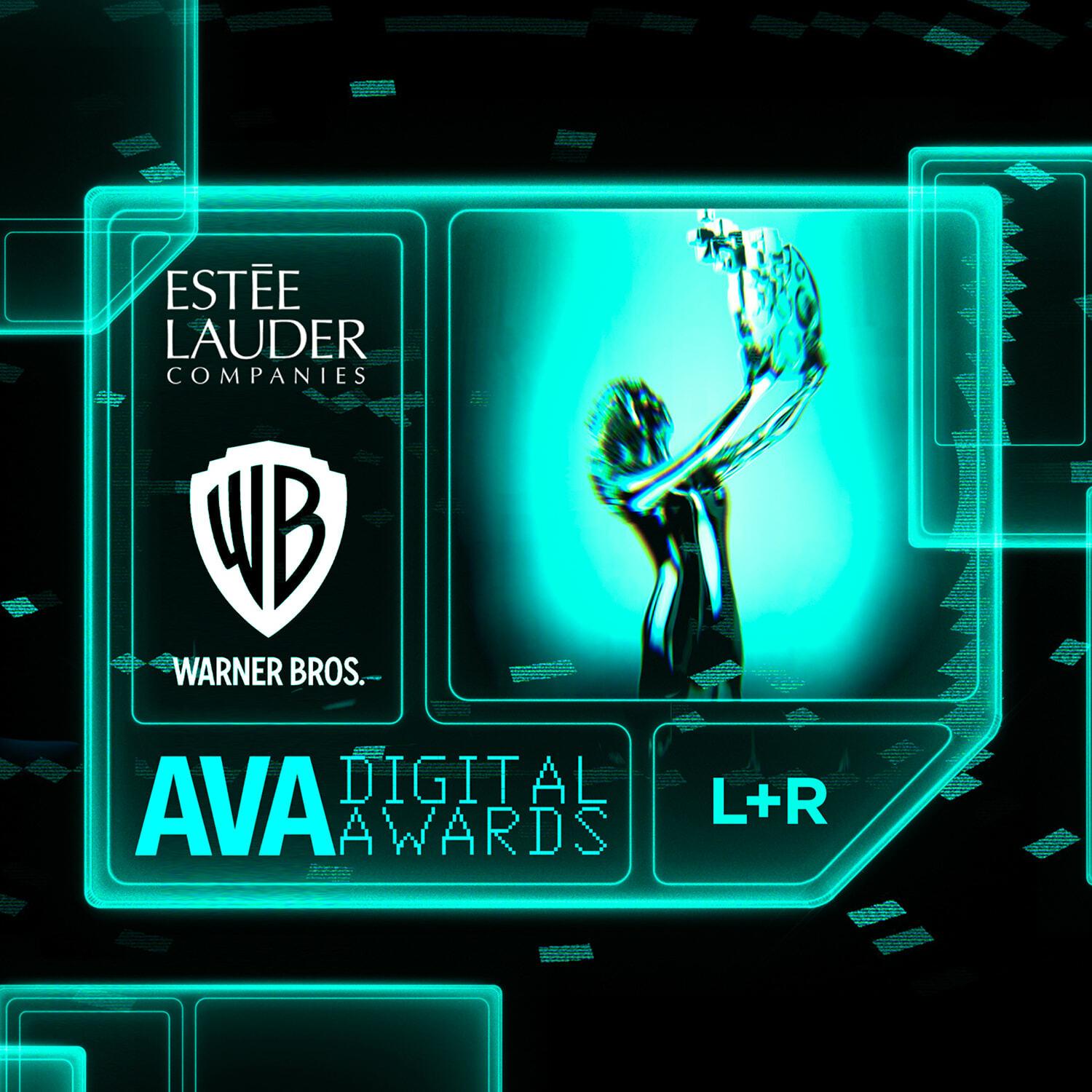 Neon AVA Digital Awards graphic with Este Lauder, Warner Bros., and L+R logos