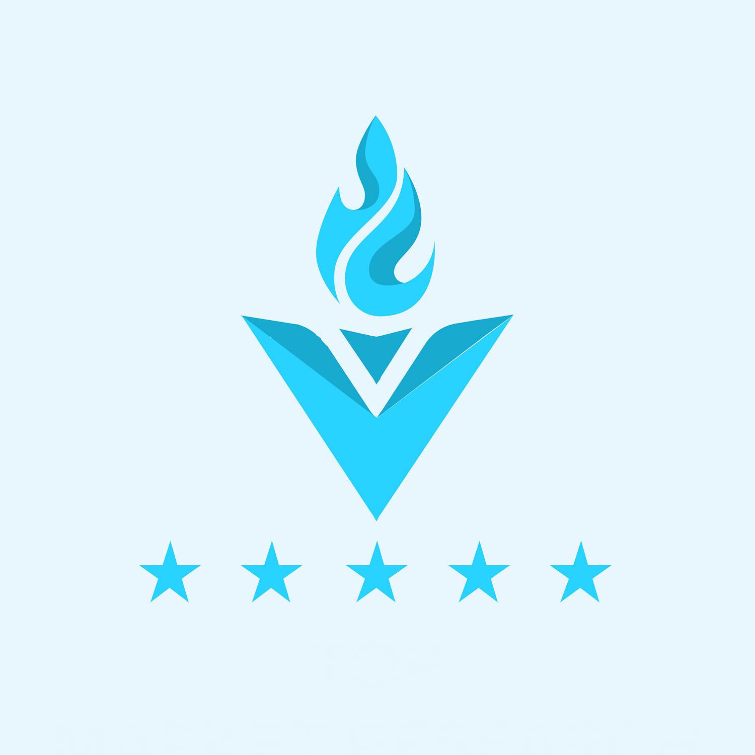 Turquoise flame logo above a V shape and five stars on a pale background