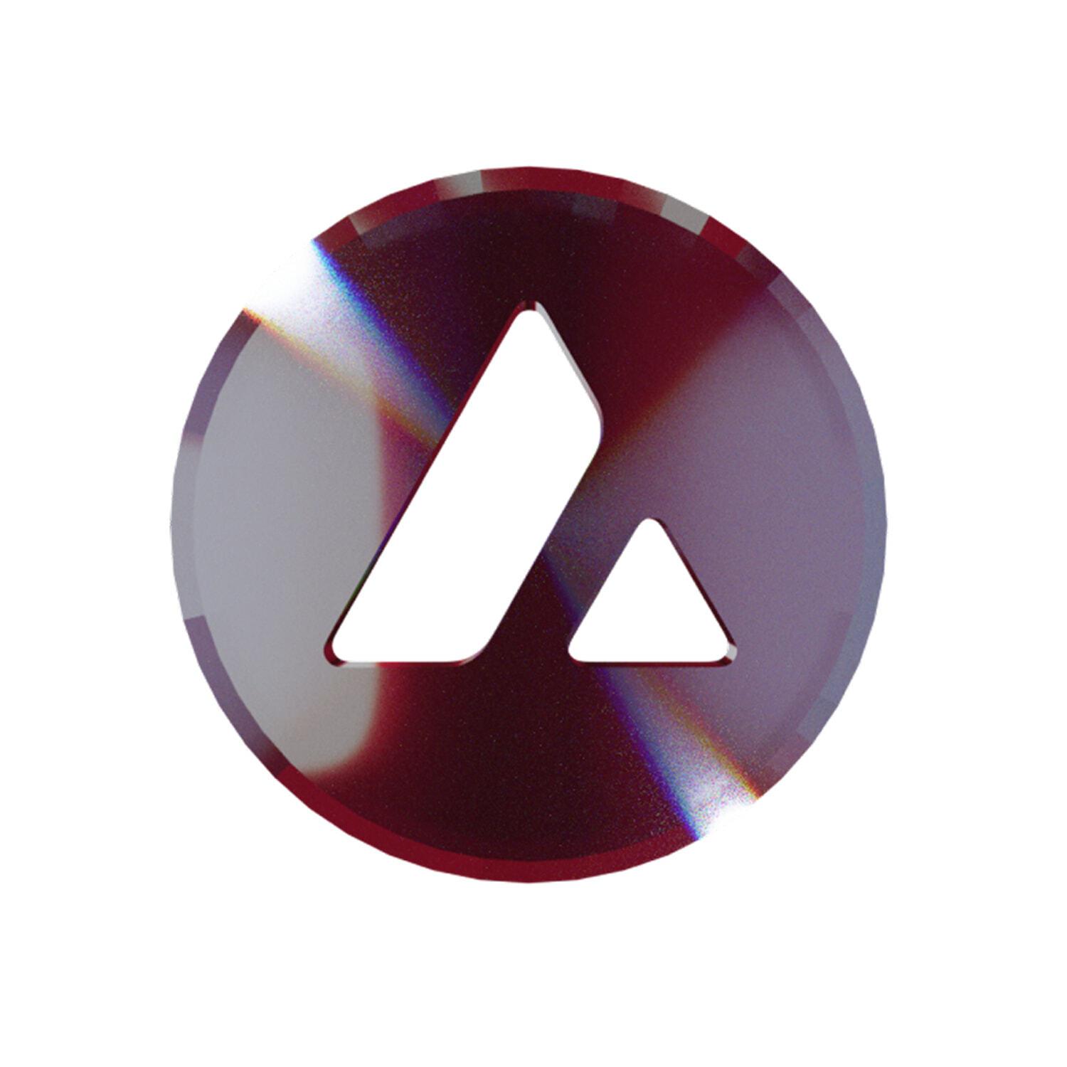 Glossy red circular token with a white stylized A mark
