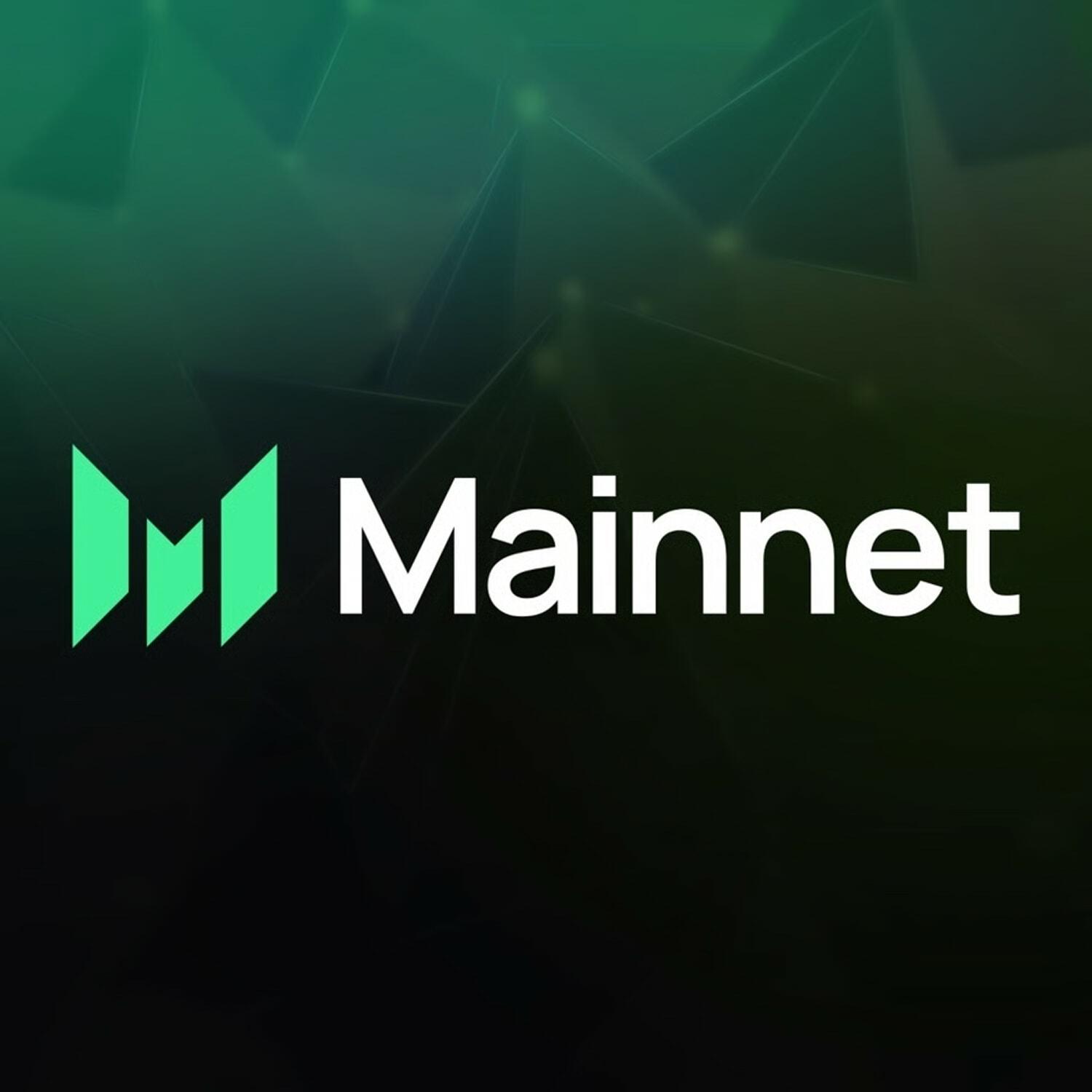 Mainnet logo on a dark green abstract background