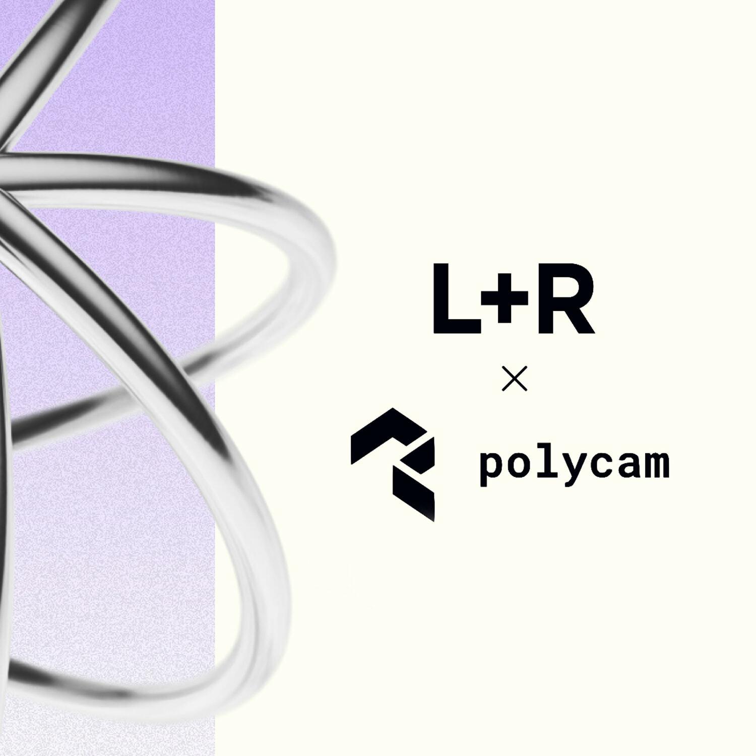 L+R and polycam logos beside abstract metallic loops