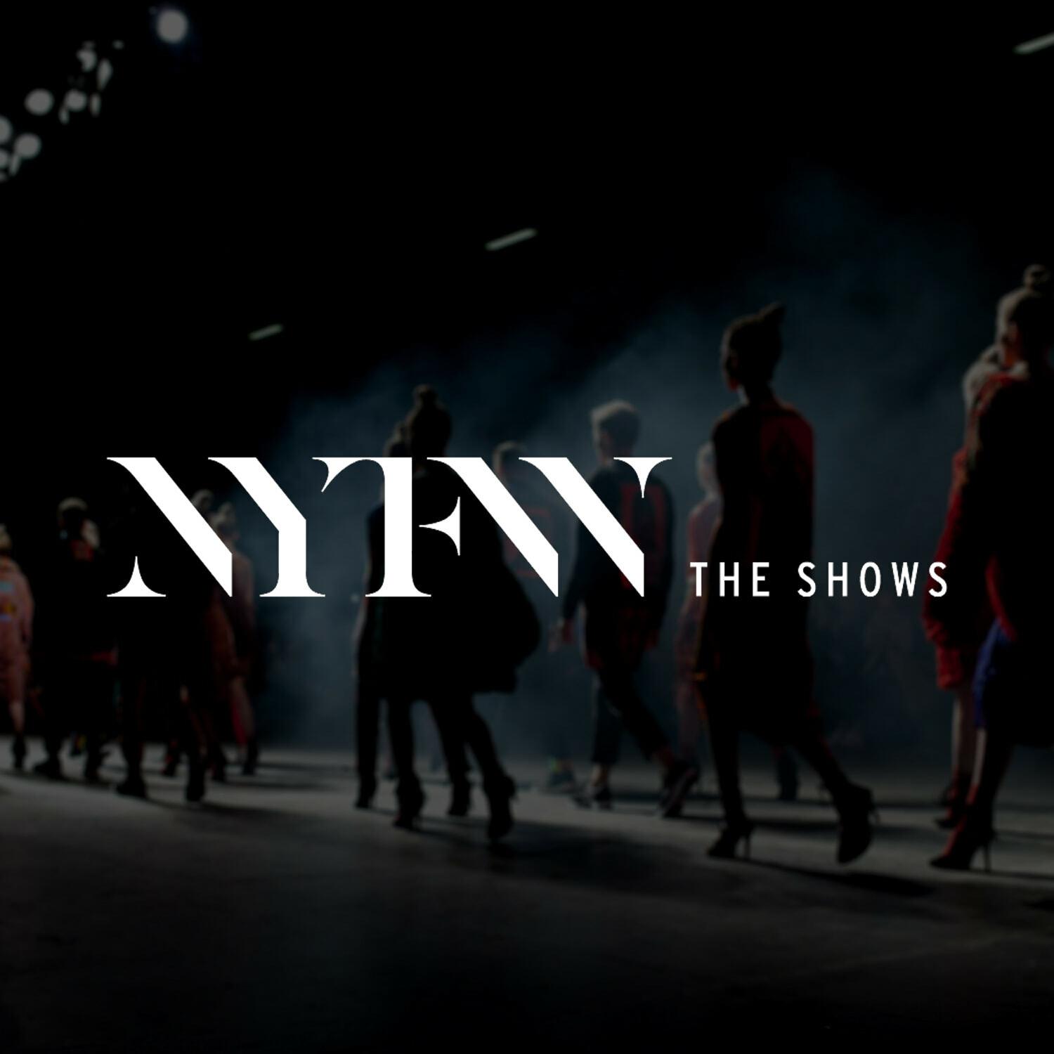 NYFW The Shows logo over a dark runway scene