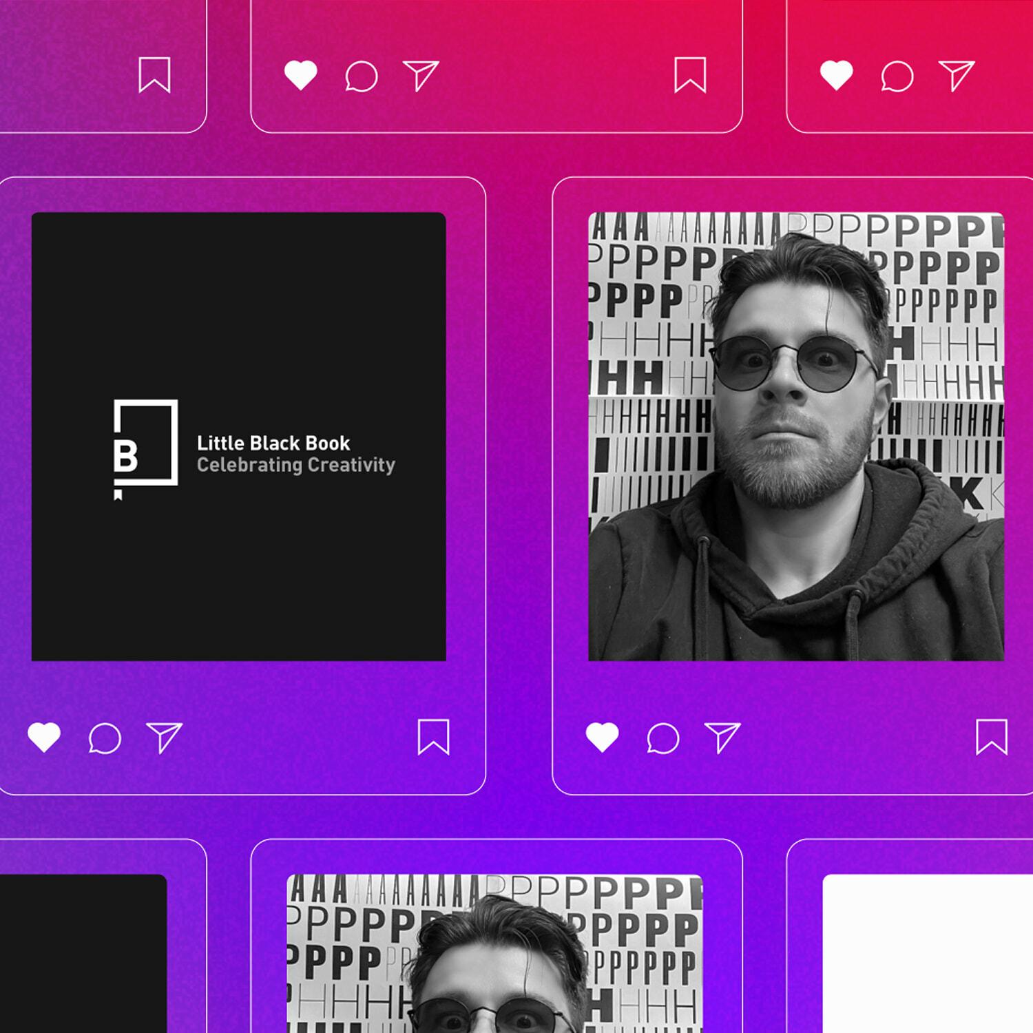 Social media grid with Little Black Book logo tiles and portrait posts