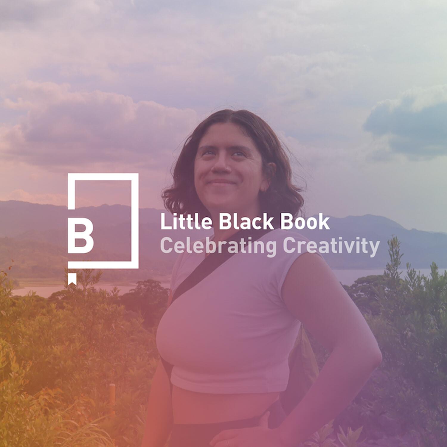 Little Black Book logo over a smiling person with mountains behind