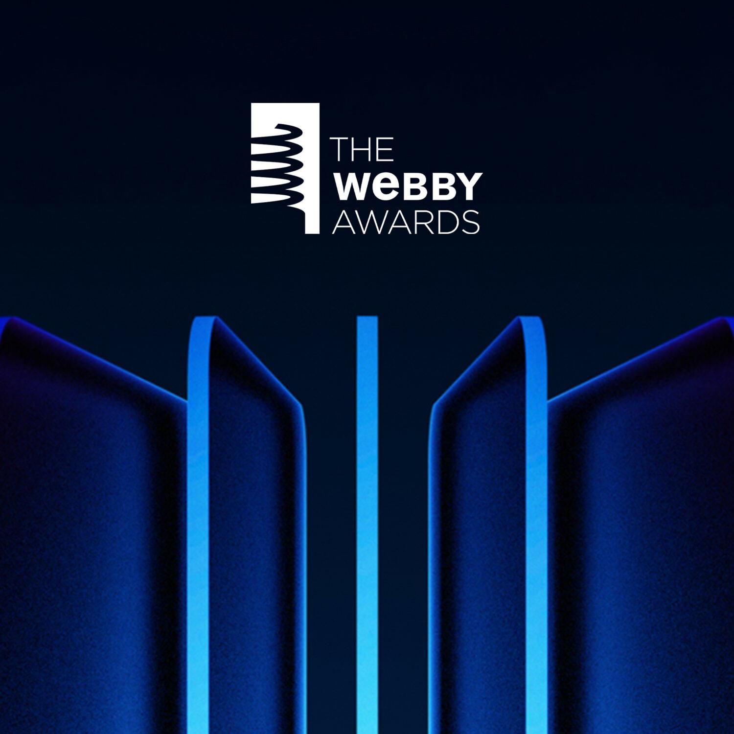 The Webby Awards logo above blue abstract vertical shapes