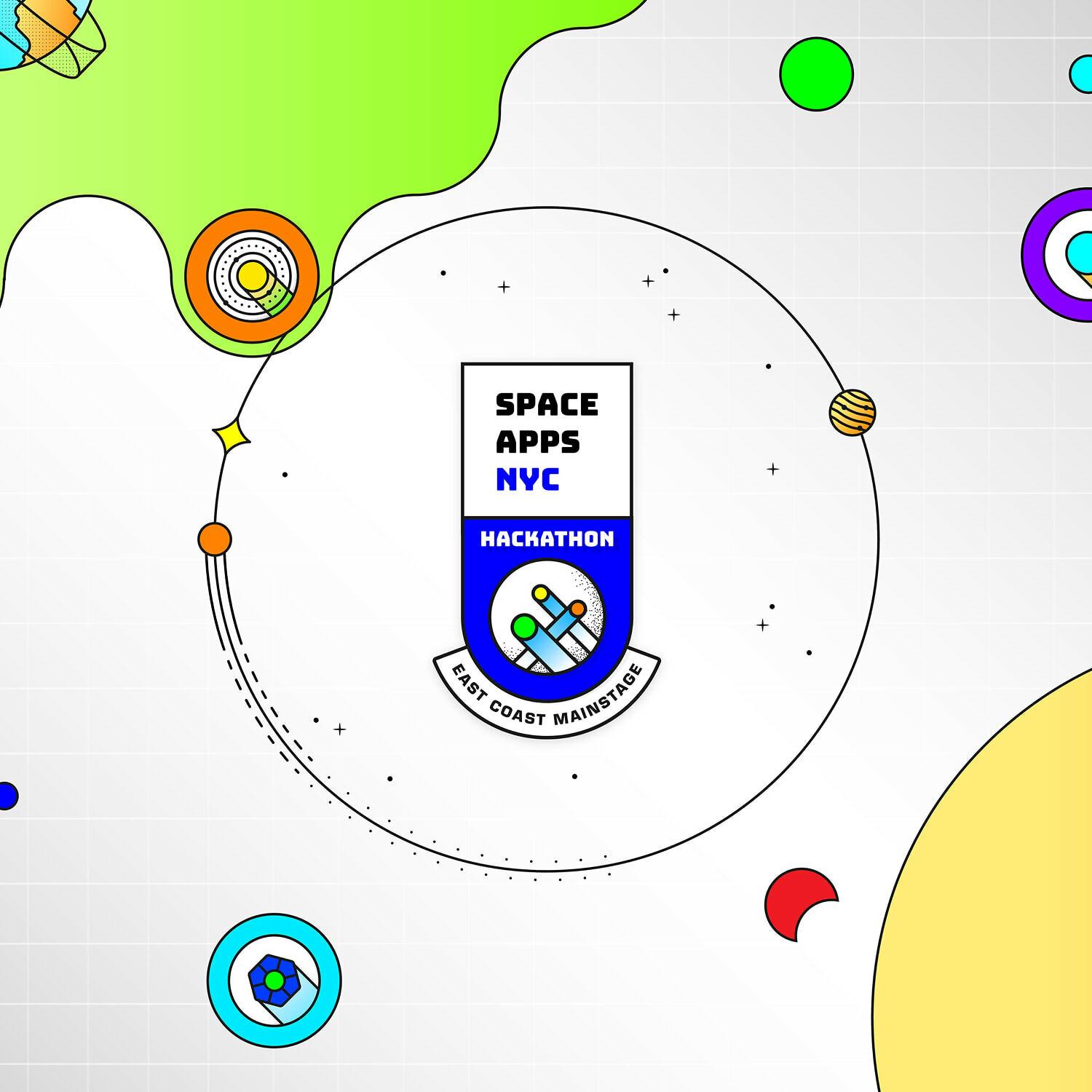 Space Apps NYC hackathon badge amid colorful space-themed graphics