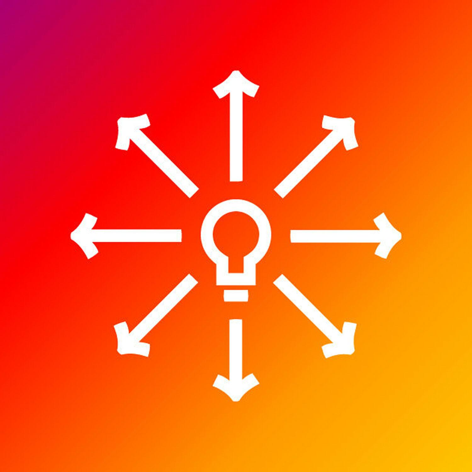 White lightbulb icon with arrows radiating on a red-orange gradient