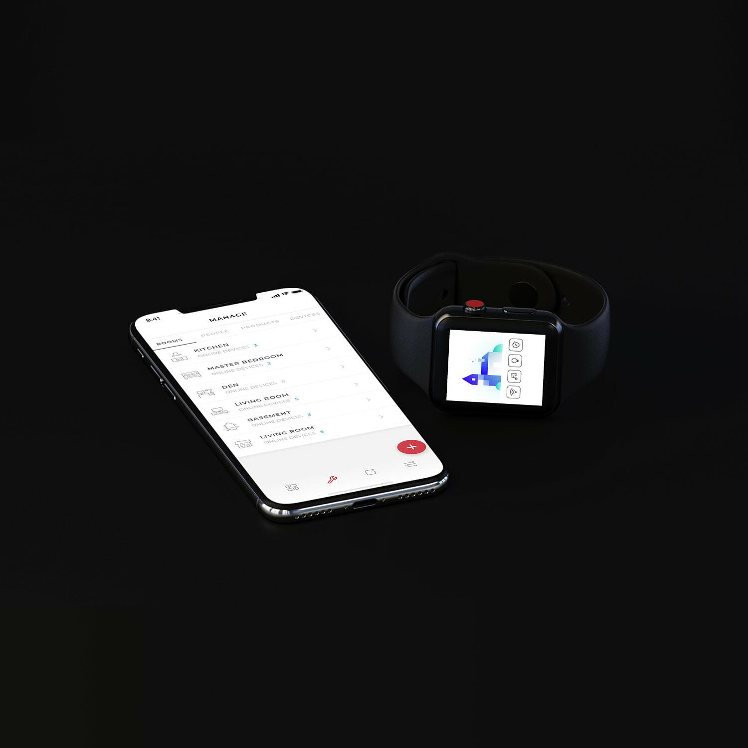 Smartphone and smartwatch displaying app screens on black background