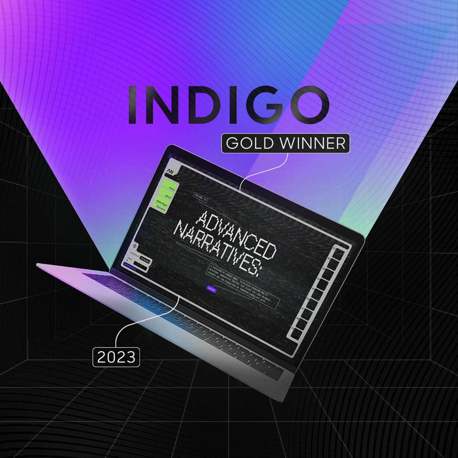 Indigo Gold Winner 2023 graphic with laptop showing Advanced Narratives