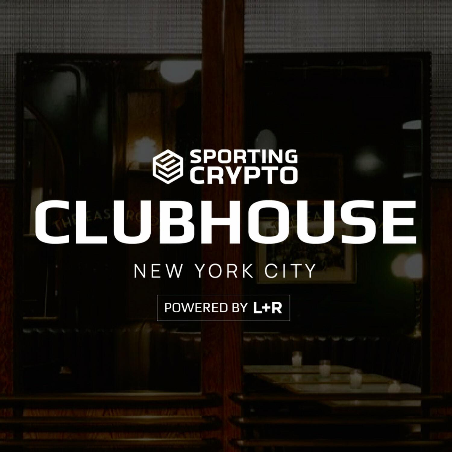 Sporting Crypto Clubhouse New York City graphic over a dim restaurant interior