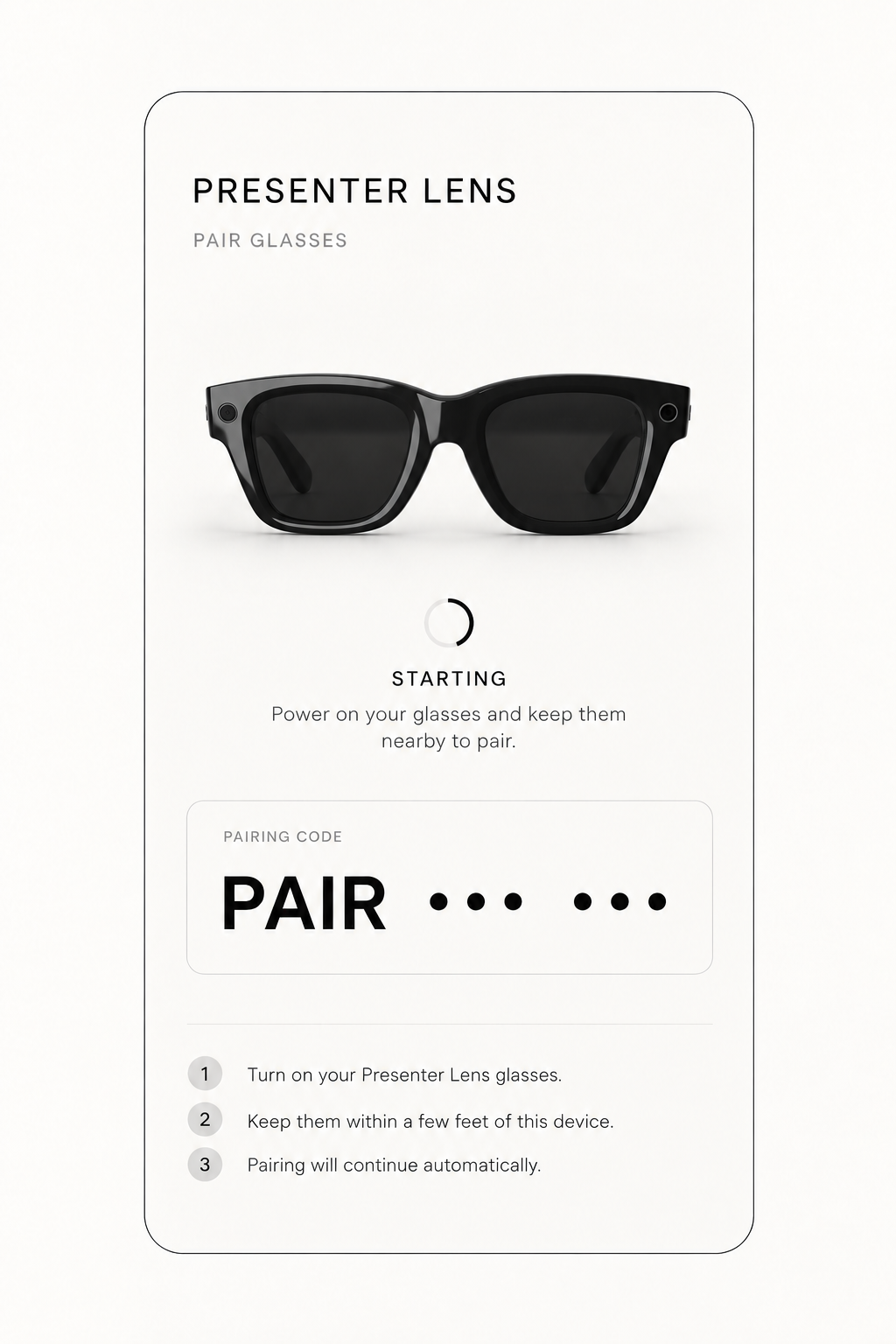 Pairing screen with correct dark display glasses image and masked pairing code.