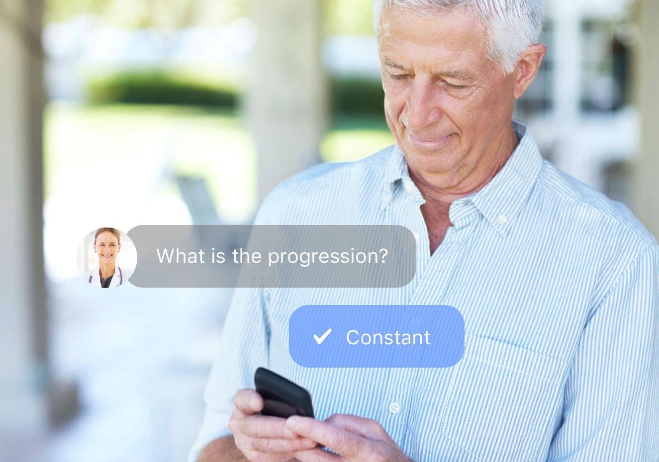 Older man using a phone with a medical progress prompt overlay