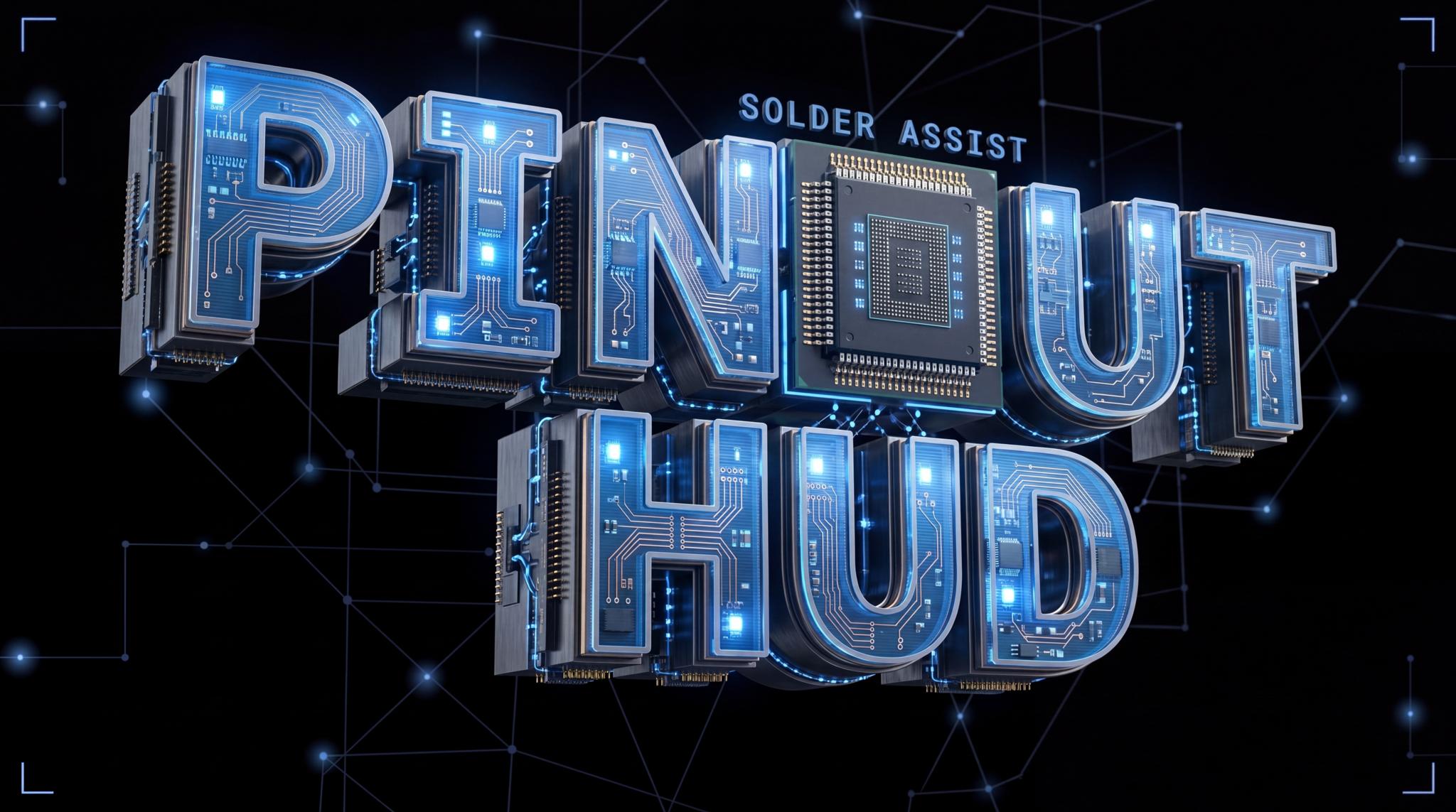 Futuristic blue "PINOUT HUD" title with "SOLDER ASSIST" above it