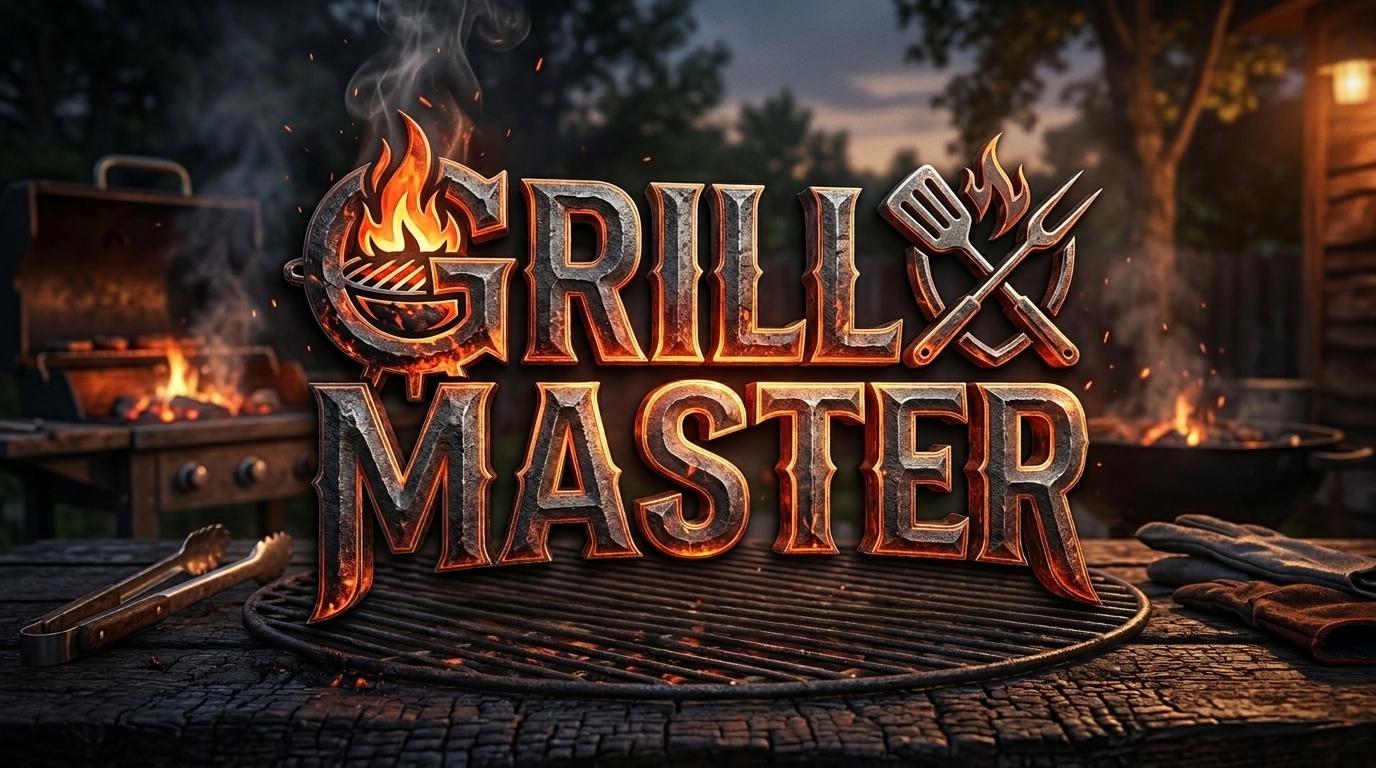 Grill Master logo rendered over a backyard grill scene with flames, smoke, cooking tools, and glowing embers.