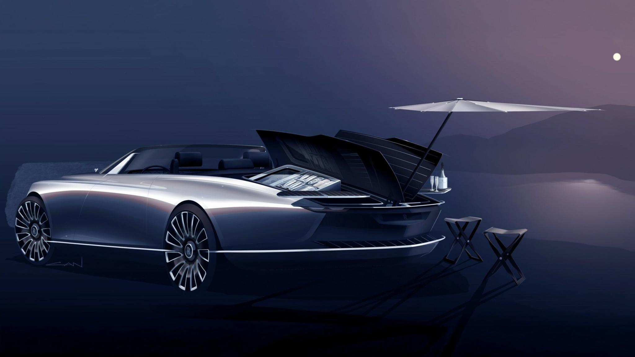 Futuristic convertible car concept in a dark studio setting