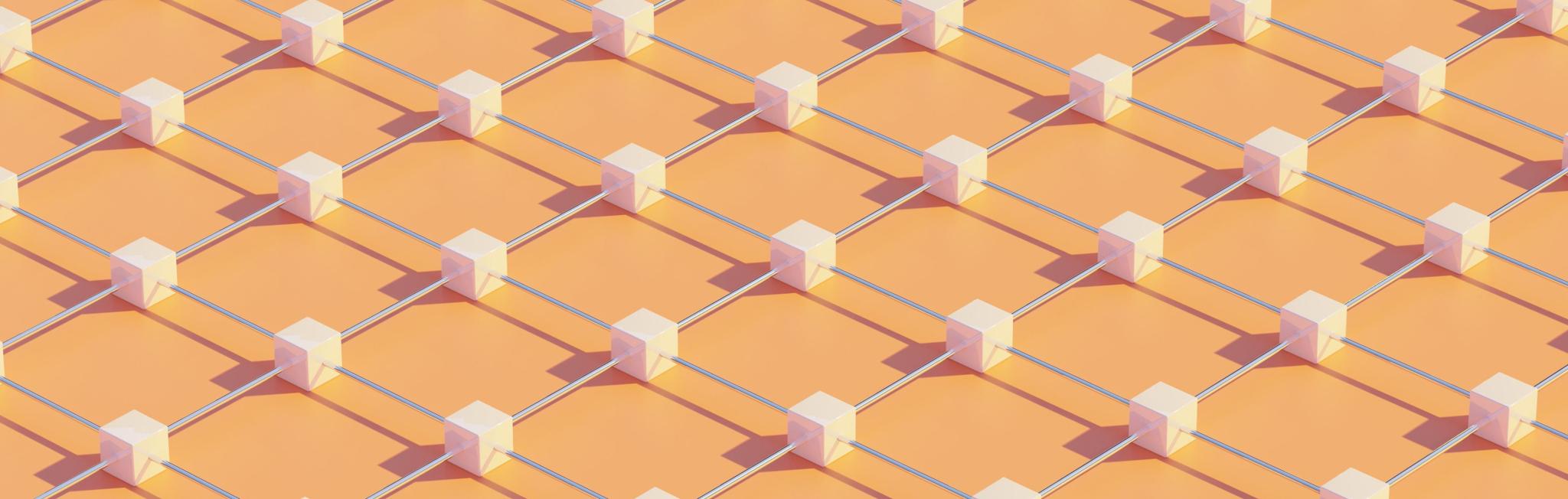Repeating isometric pattern of small cubes connected by lines on an orange background