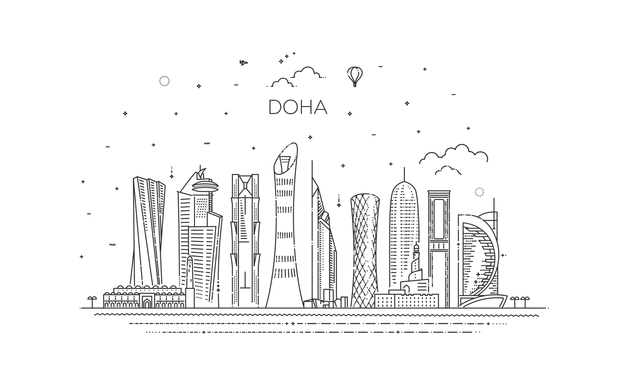Line illustration of Doha skyline with the word DOHA above