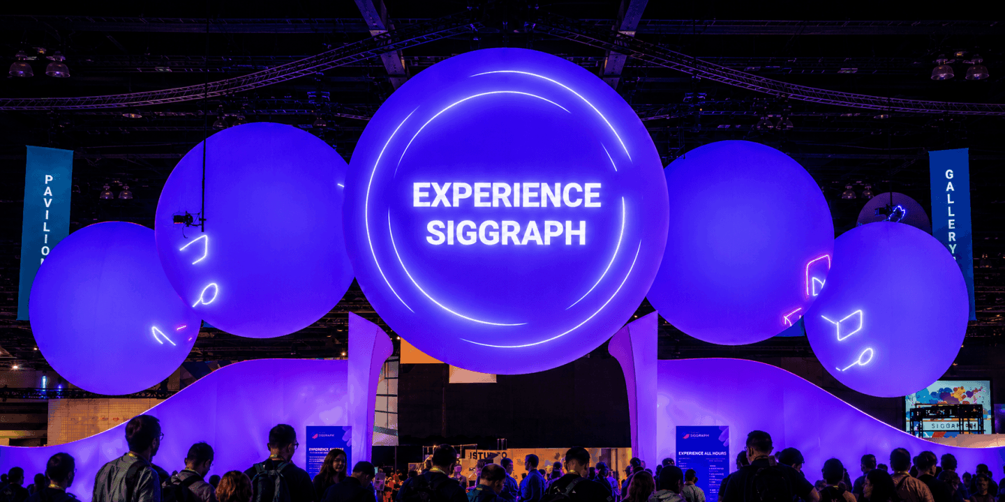 SIGGRAPH Experience Hall installation with illuminated purple spheres above a crowd.