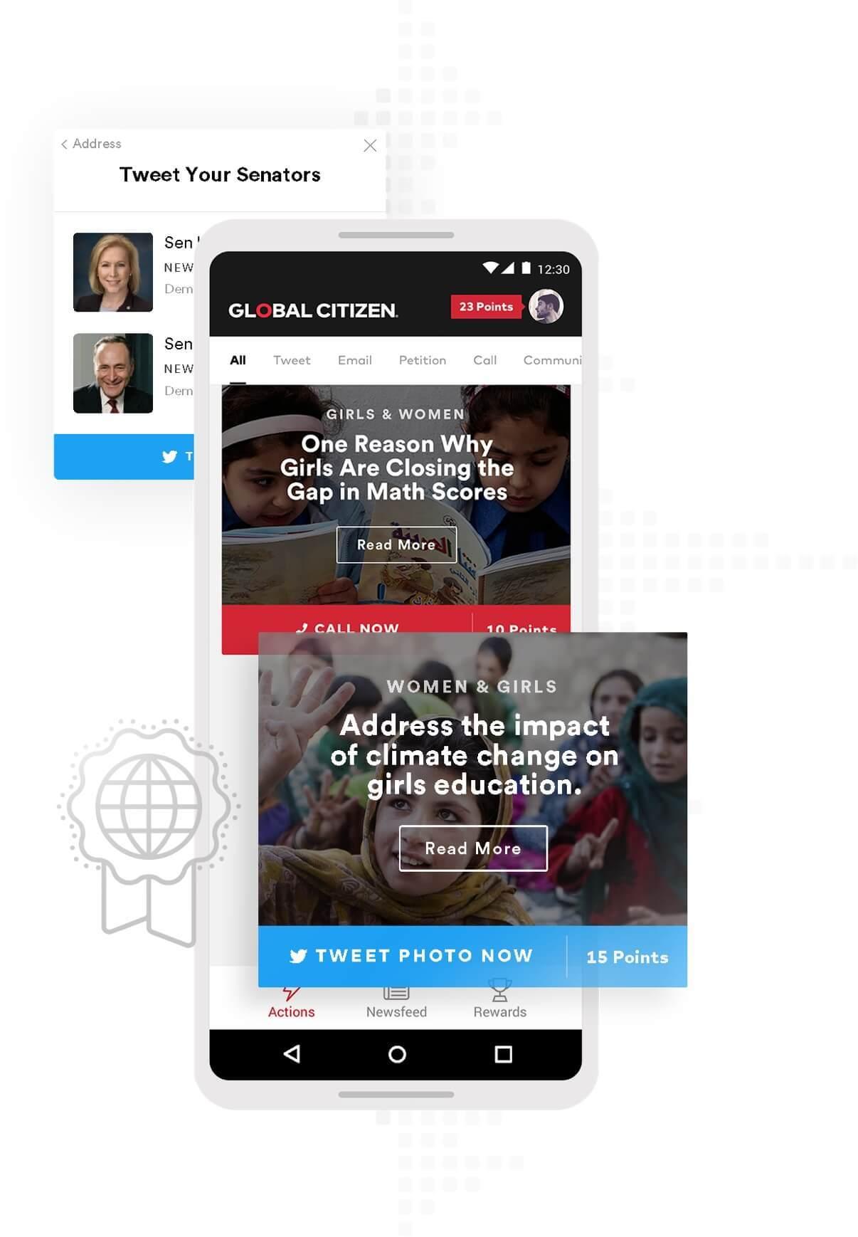 Global Citizen app mockup with action cards for petitions, calls, and tweets