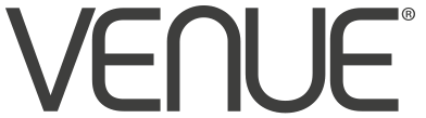 VENUE wordmark in dark gray on green background