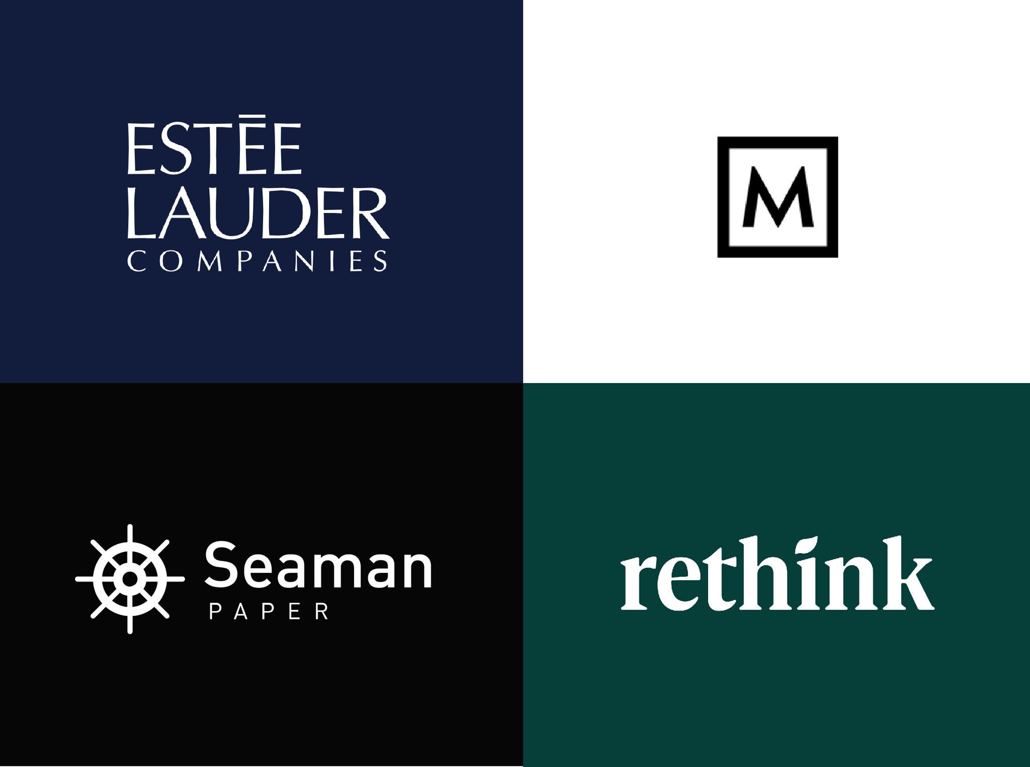 The Estée Lauder Companies, M, Seaman Paper and rethink logos in a four-quadrant grid