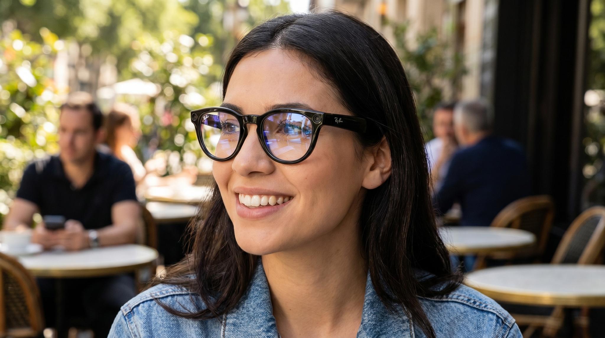 Woman wearing Ray-Ban Meta smart glasses at an outdoor cafe