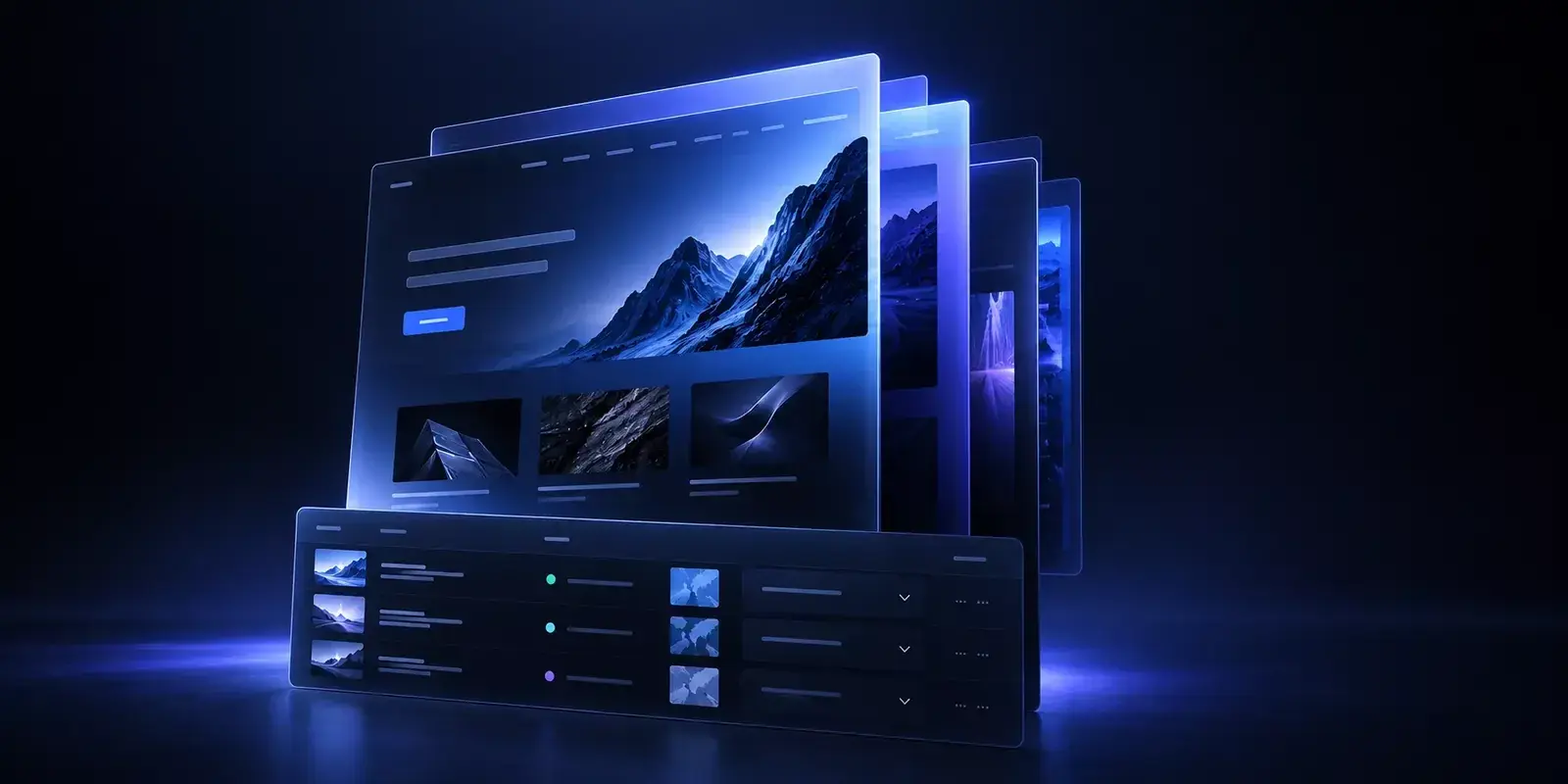 Layered Webflow Enterprise website screens and a structured content panel on a dark blue background