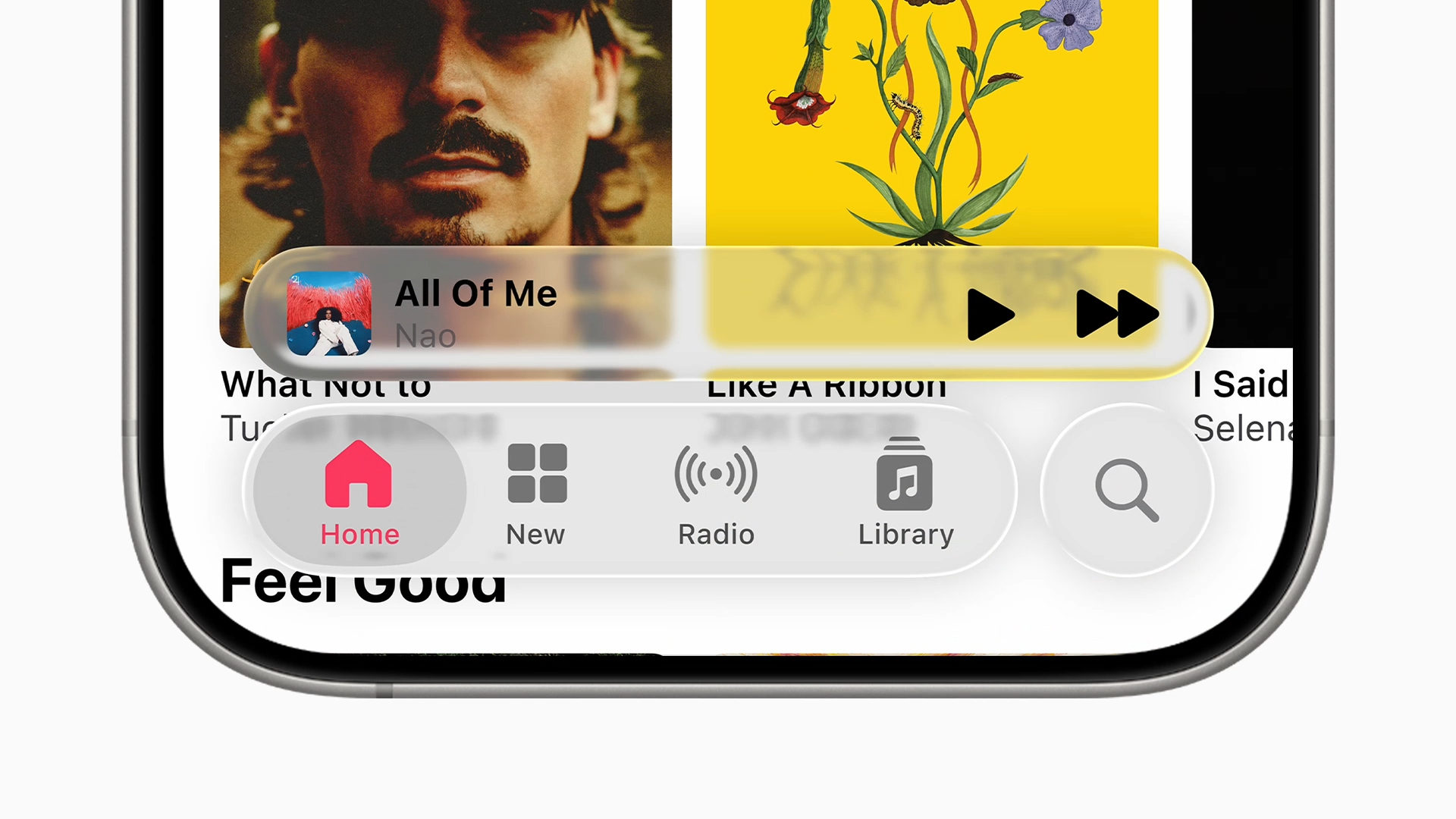 iPhone screen showing Apple Music mini player controls