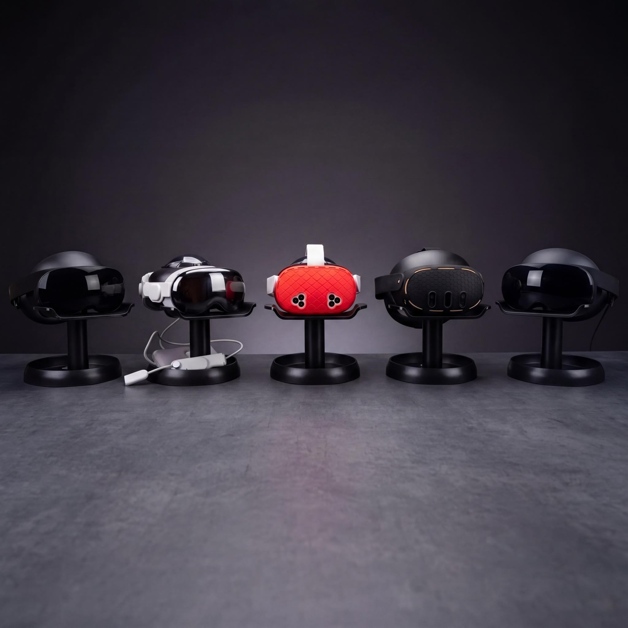 Lineup of coin-operated binocular viewers with a red viewer in the center